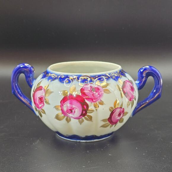 Vintage Porcelain Rose Creamer Sugar Set Blue Gold Gilt Accents - Picture 8 of 10
